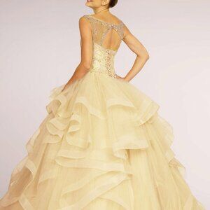 NEW CHAMPAGNE PROM FORMALL BALL GOWN Illusion Neck Sequin Evening Dress …